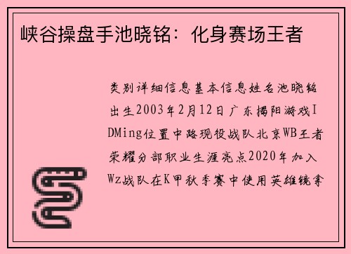 峡谷操盘手池晓铭：化身赛场王者