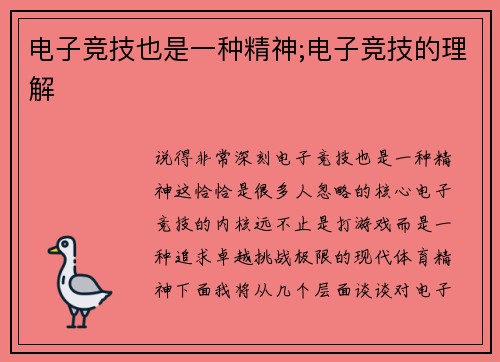 电子竞技也是一种精神;电子竞技的理解